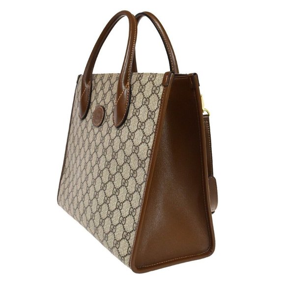 Auth GUCCI GG Pattern 2Way Shoulder Hand Tote Bag Supreme Leather Brown Gold - Picture 2 of 16